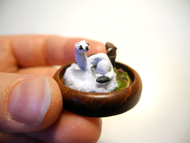 Ermines - OOAK Biosphere Wood Jewelry - Clear glass globe with two delicate Ermines inside– winter/spring inspired jewelry