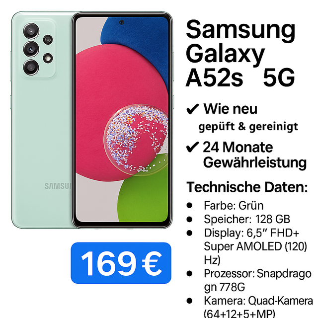📱 Samsung Galaxy A52s 5G – 128 GB – Grün