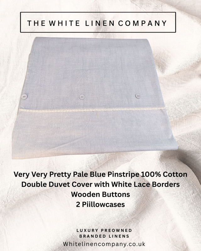 Very Very Pretty Pale Blue Pinstripe 100% Cotton Double Duvet Cover with White Lace Borders Wooden Buttons 2 Pillowcases