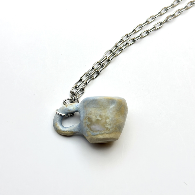 Collier tasse en céramique bleu gris – Chaîne en acier inoxydable