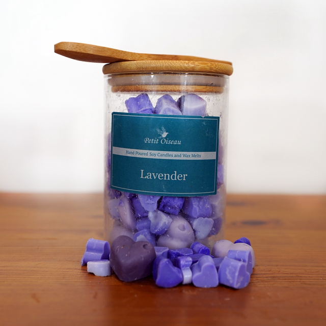 Lavender heart wax melts in this lovely jar with spoon