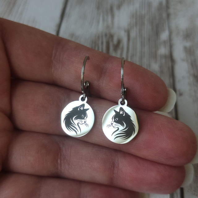 Boucles d&#039;oreilles &quot;Dormeuse chats&quot; gravés argenté