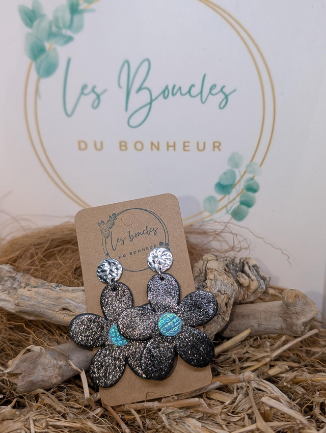 Boucles d&#039;oreilles Baby Marguerite noir argenté bm031