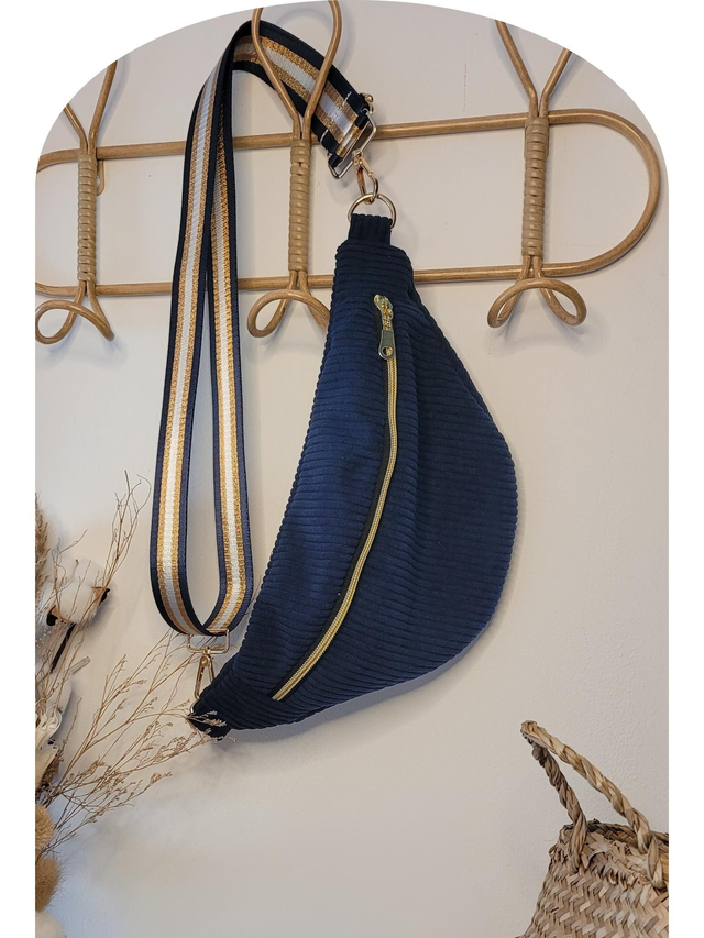 Banane velours côtelé bleue marine bandoulière amovible 