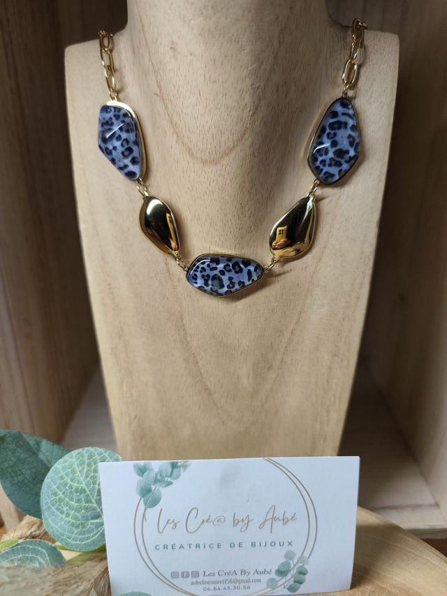 COLLIER LEOPARD BLEU/ ACIER INOXY GOLD 0000587