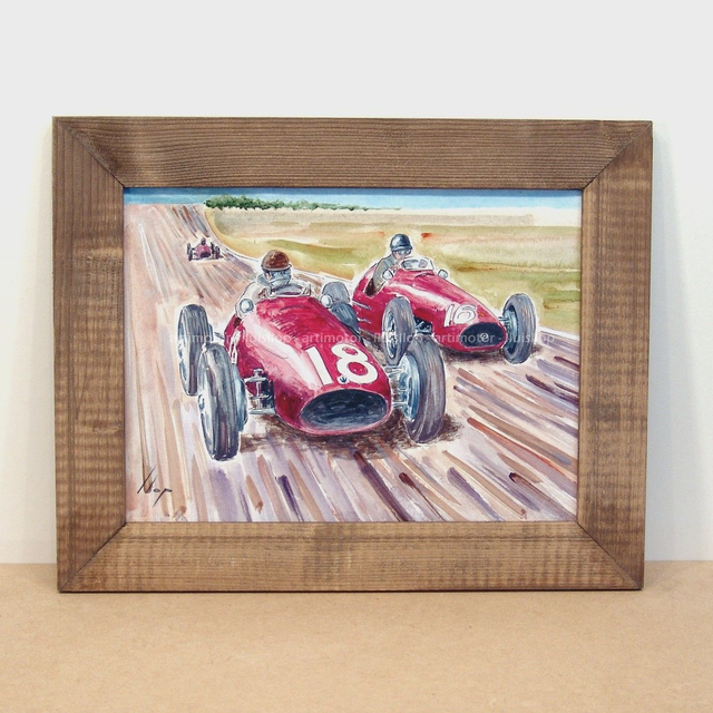 Artimotor enmarcado 28x35 - 1953 Hawthorn (Ferrari 500) Fangio (Maserati A6)