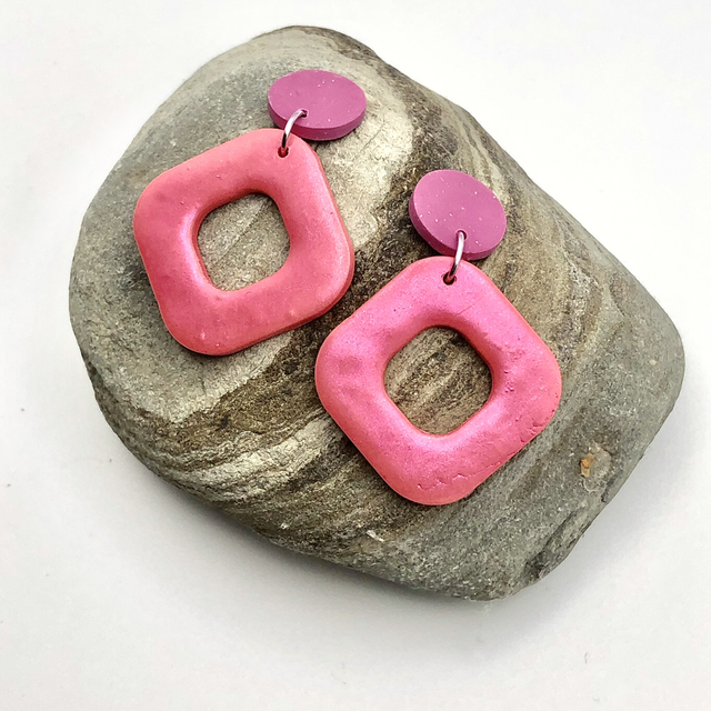 Chameleon pink square statement earrings