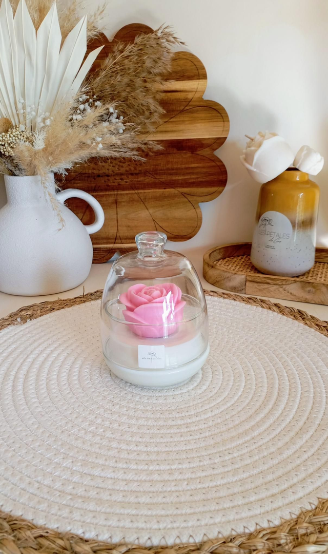 Bougie Fleur Rose | Cloche en verre 
