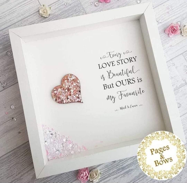 Personalised Love Story Quote Frame - Valentine or Anniversary Gift with Glitter Heart &amp; Crystals - Custom Names for Him or Her
