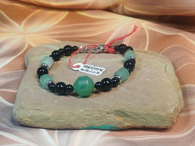 Bracelet obsidienne, aventurine, acier et fermoir