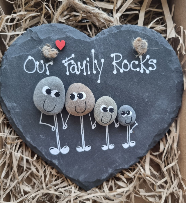 &#039;Our Family Rocks&#039; Pebble Art Slate with Four Family Members
