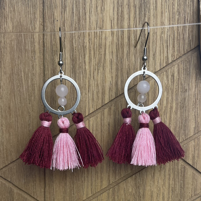 Boucle d'oreille pompom - Quartz rose