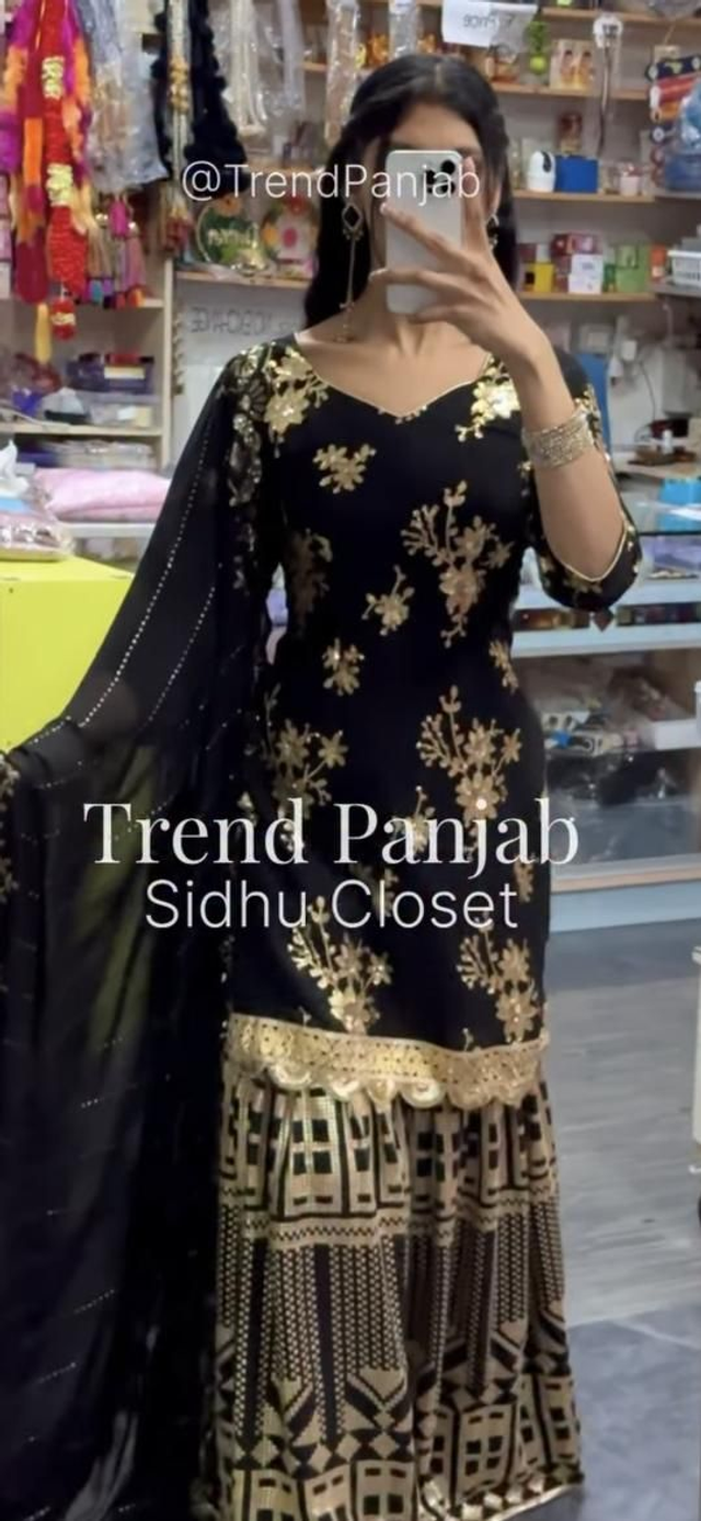 Jet Black & Gold Embroidered Sharara Suit