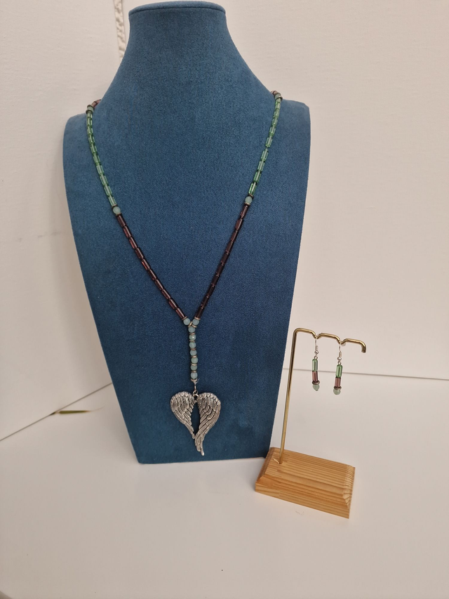 Parure Bijoux Perles De Verre Vert Prunes Ailes Argentées