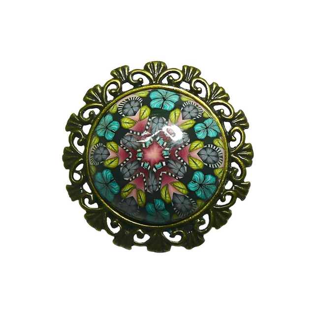 Broche rétro ronde mandala bleu rose