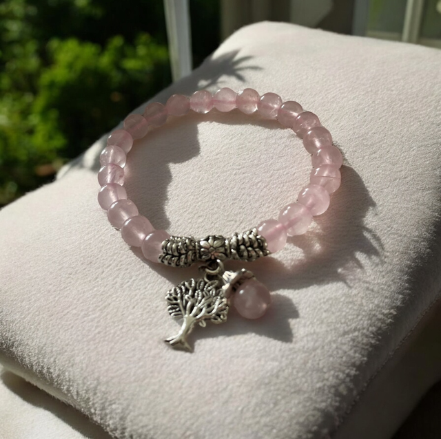 T21 bracelet « confiance » quartz rose charms arbre de vie 