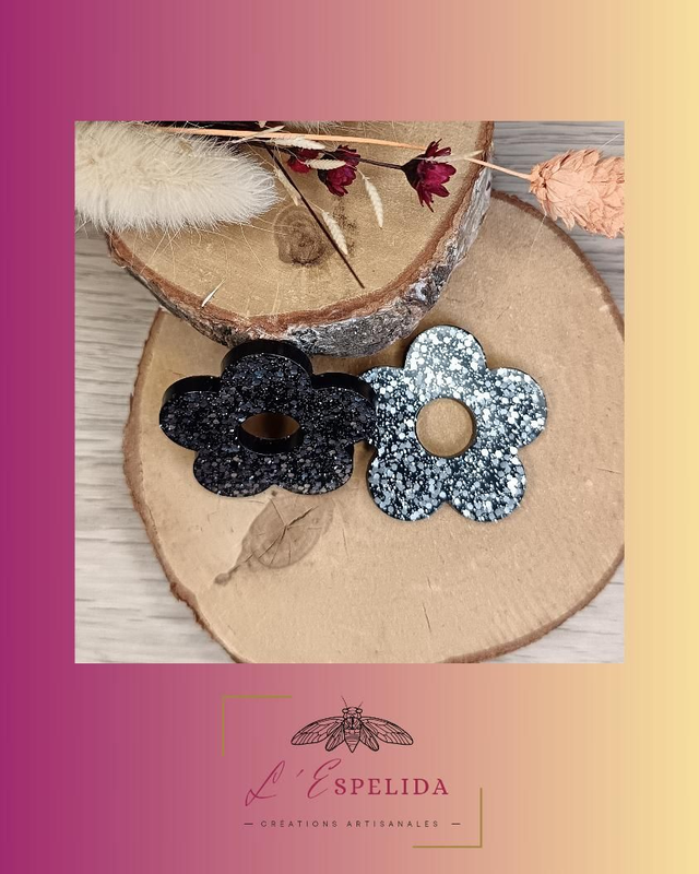 Plurielles Big Flowers noires paillettes argentées 