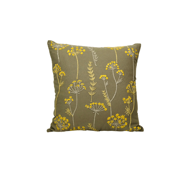 Embroidered Floral Cushion Green &amp; Mustard