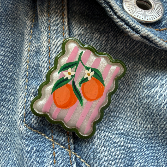 Orange Blossom Pink Stripe Postage Stamp Pin Badge