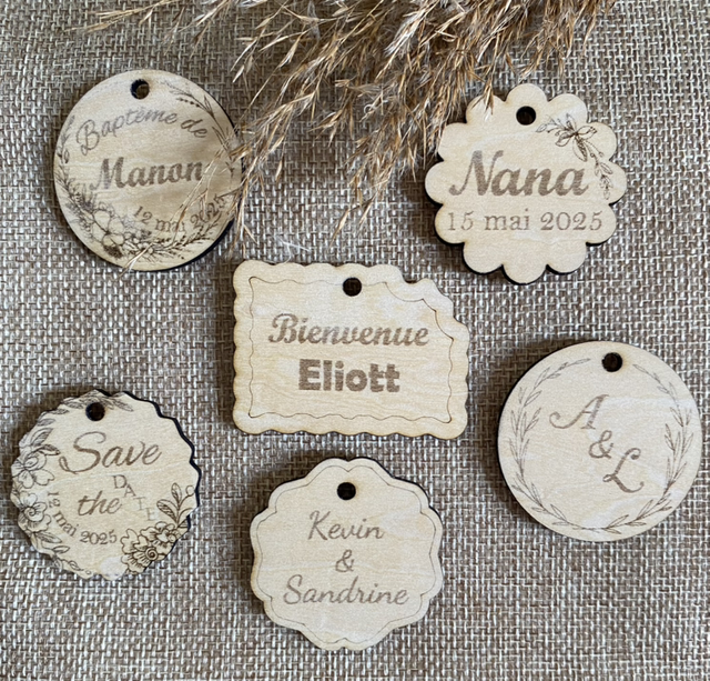 Etiquettes en bois pour mariage, baptême, communion, naissance...