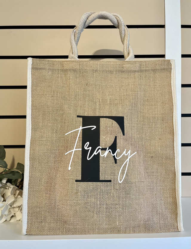 Borsa juta con iniziale e nome esteso