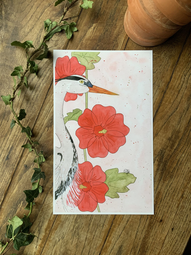 Reproduction « Héron et ses roses trémières »