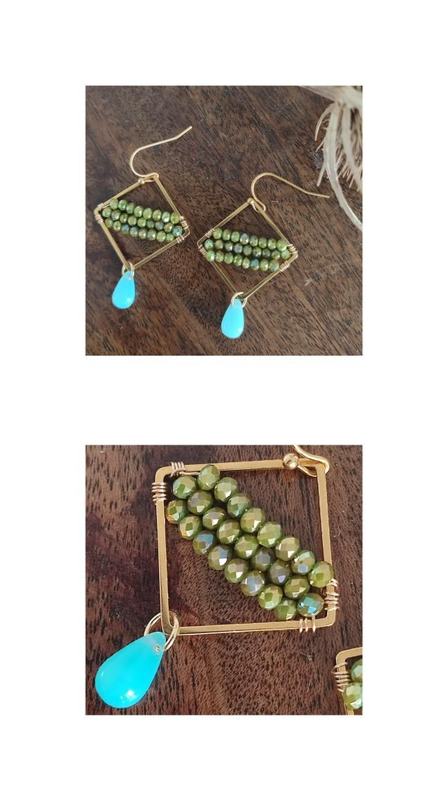 Boucles d&#039;oreilles &quot;carrés&quot; verre vert et gouttes turquoise acier inoxydable doré -sans nickel, pièce unique 