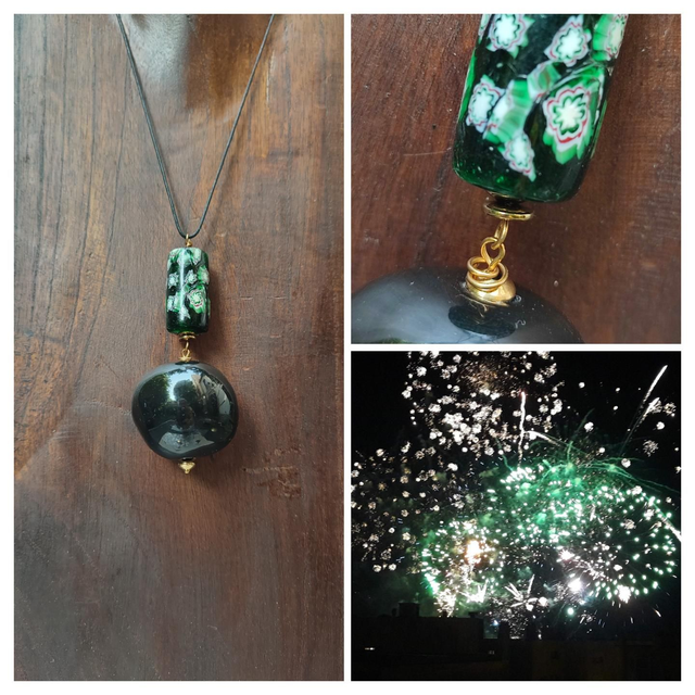 Collier boule en céramique noire et perles en verre millefiori, monté sur fil de lin réglable par fermoir en acier inoxydable doré, pièce unique 