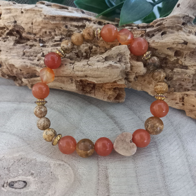 Bracelet en Jaspe paysage, Aventurine orange , Agate rouge Cornaline et son cœur en  Agate Crazy Lace 