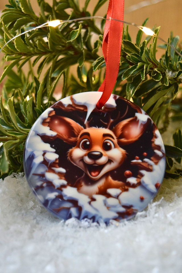 Round Ceramic Christmas Ornament – Festive Reindeer Design 