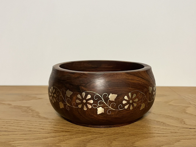 Refurbished Sheesham Wood Bowl with Brass Inlay.