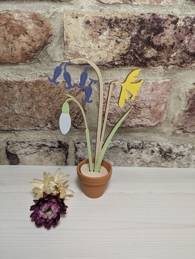 Spring Flowers in Terracotta Pot Wooden Flowers