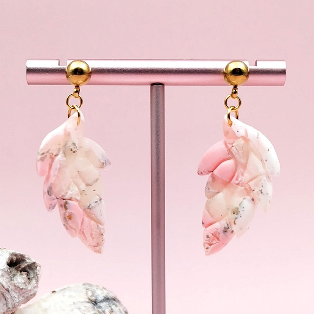 Boucles d'oreilles Feuille "Tiléa" Effet Marbre Blanc, Rose et Doré