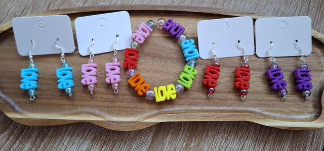 Love beaded drop earrings in various colours