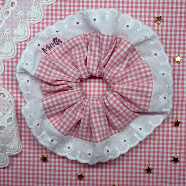 Pink Gingham Trimmed Scrunchie 