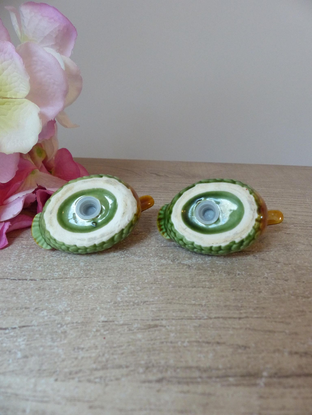 Ensemble salière et poivrière en forme de canards barbotine verts et jaunes, Canards décoration cuisine, canards shakers céramique vintage