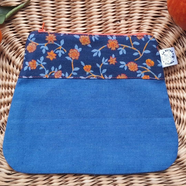 Pochette jean bleu/fleurs orange