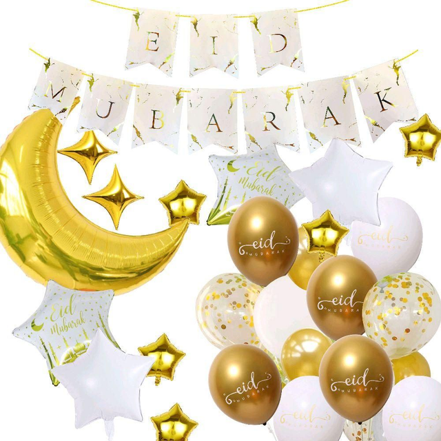 69 piece Eid Mubarak Gold and White Marble effect Balloon Kit with Bunting