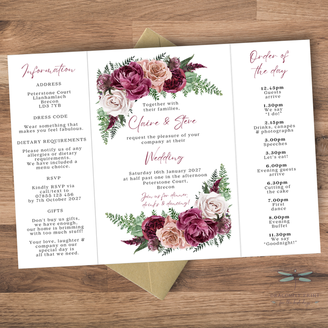 Carly Gatefold Wedding Invitations – Burgundy, Blush Pink &amp; White Florals with Dark Greenery – Personalised, Includes RSVP QR Code and Envelopes