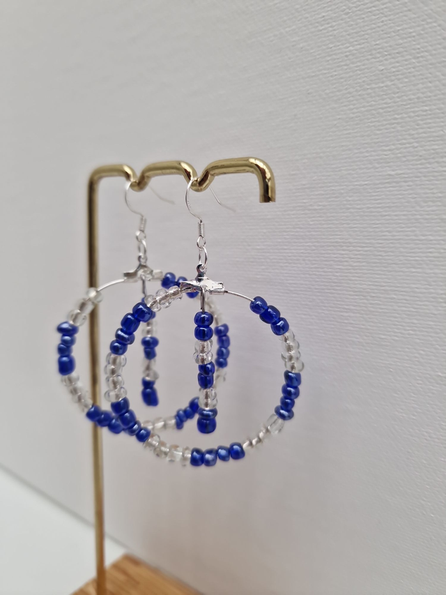 Boucles D'oreilles Créoles Pendantes Acier Perles Violettes Bleues Transparentes