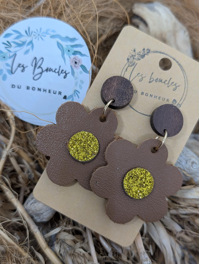 Boucles d&#039;oreilles fleur rétro m1143 marron doré 
