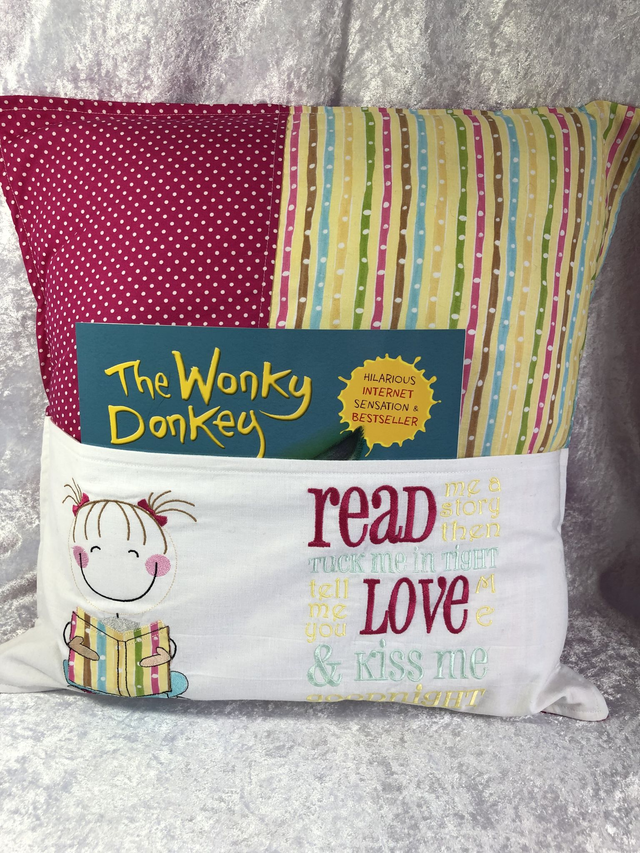 Cute Girl Reading Book Cushion with embroidered pocket