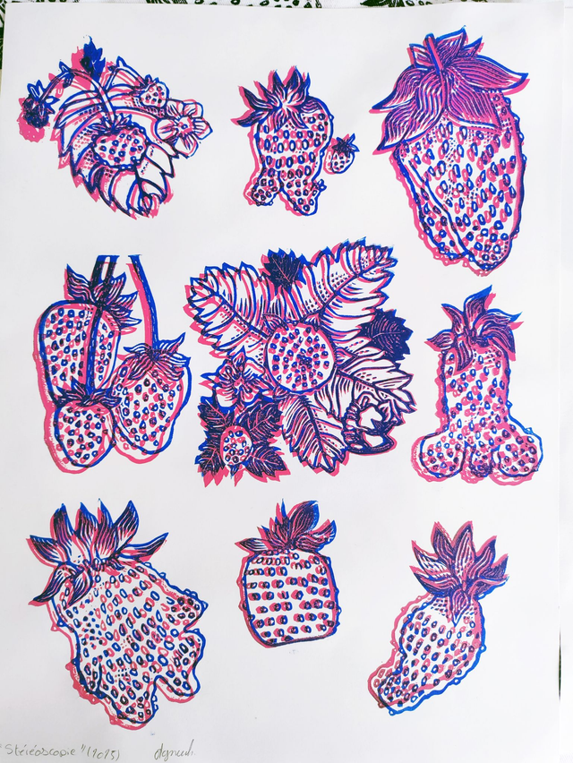 impression linogravure fraises "Collection" bicolore 24X32cm