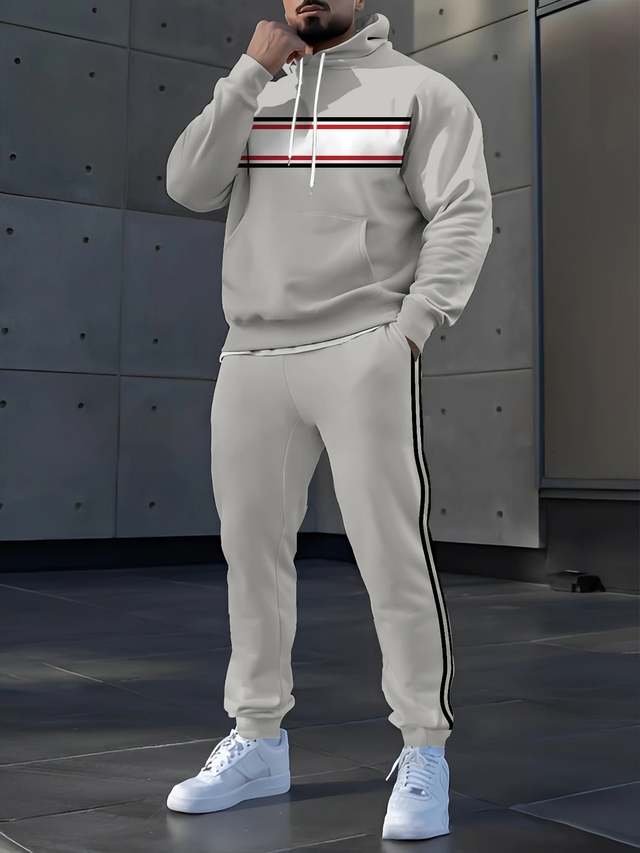 Men's Digital Print Hooded Tracksuit Polyester Casual Sweatsuit with Pattern Details