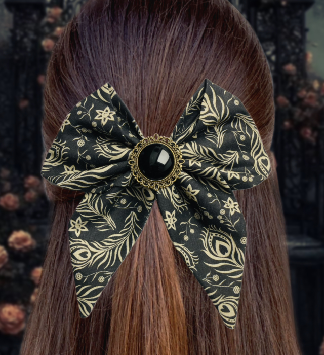 Barrette à cheveux - Plume de paon - Obsidienne