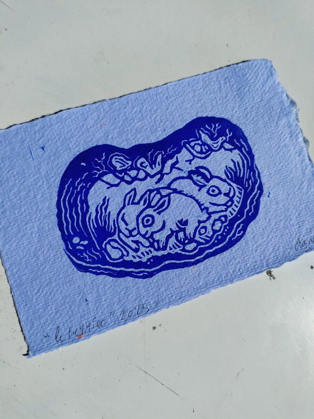 linogravure " le terrier des lapins " 10X15 cm