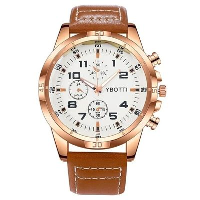 Montre à quartz étanche pour homme, bracelet cuir marron décontractée,