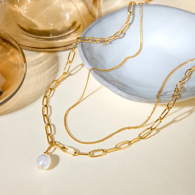 Paperclip Chain and Pearl Layered Stainless Steel Necklace