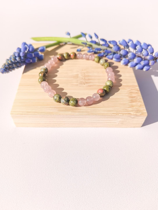 Bracelet unakite et quartz fraise 