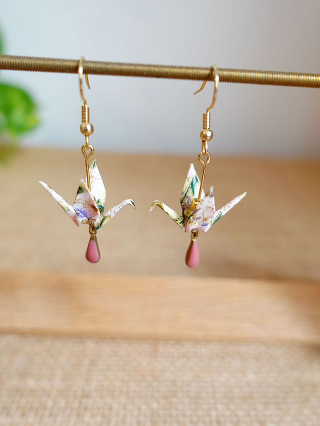 INOX doré / Origami grues, oiseaux / Papier japonais washi / Rose, violet, or / Boucles d'oreilles origami /